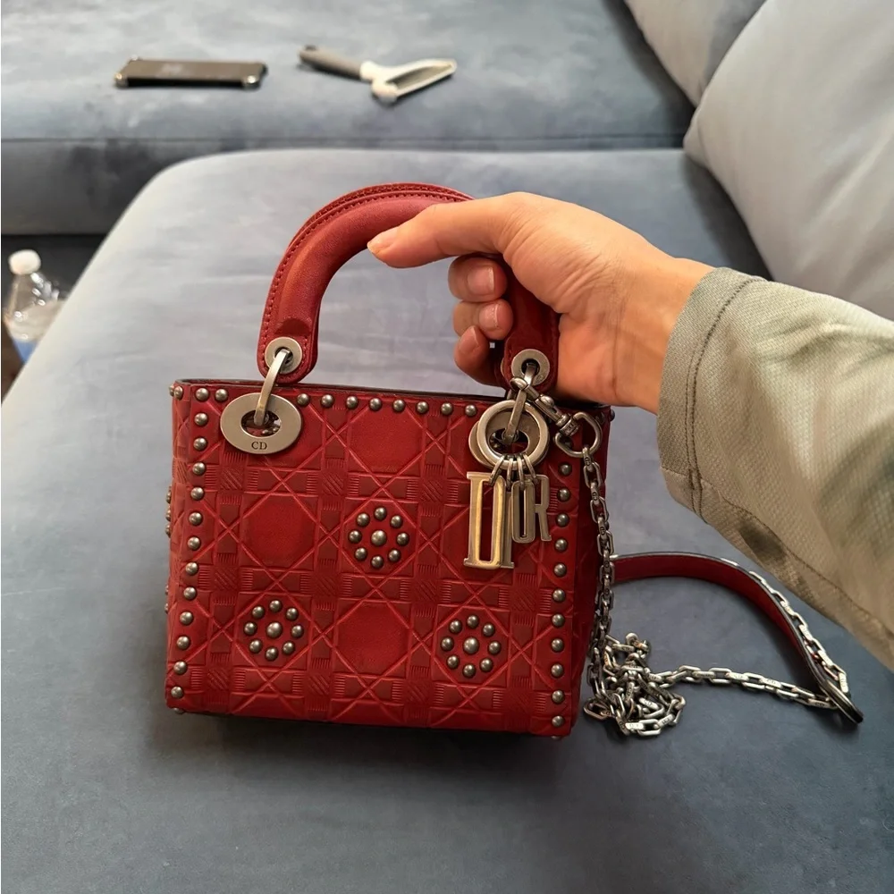 Dior Red Studded Mini Top-Handle Bag . - Picture 3 of 3
